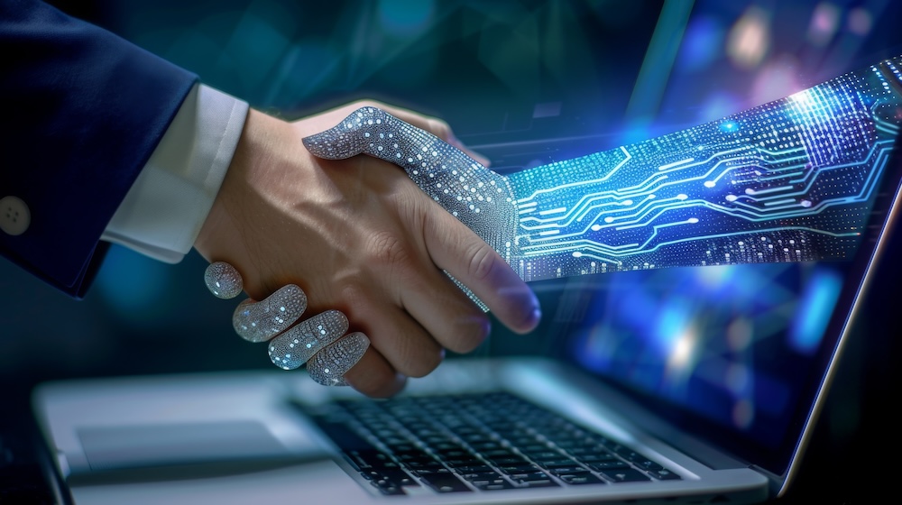 a human businessman shaking hands with a digital AI hand coming out from a laptop screen, symbolizing AI collaboration, vibrant Blue background, cybernetic circuits and technology glowing on AI hand 