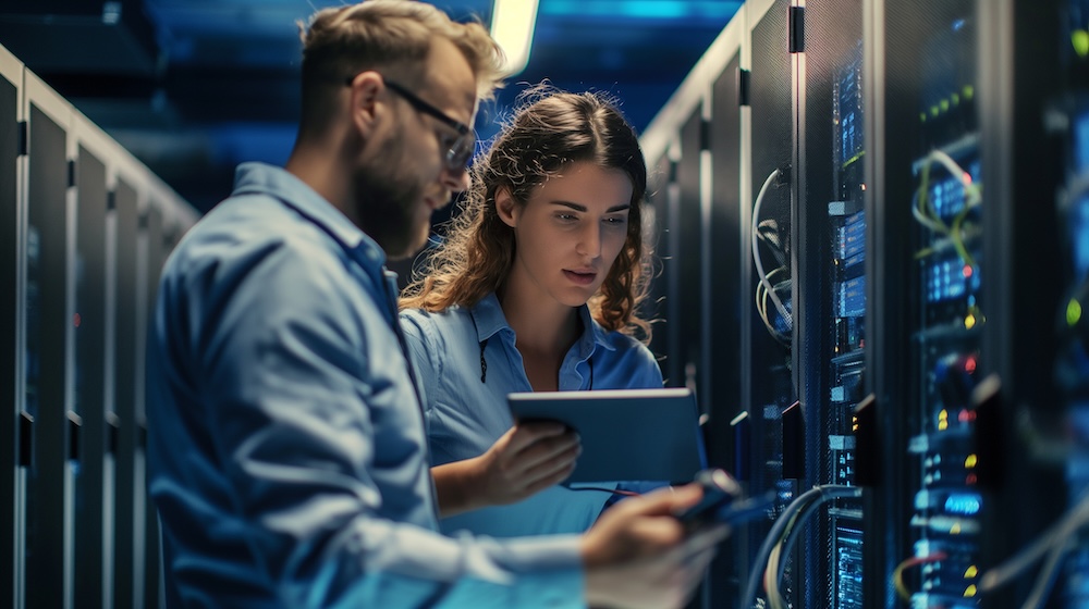 An IT specialist helping an agent with their equipment, helpful and attentive